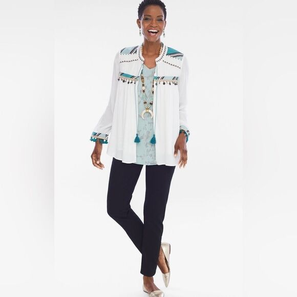 CHICO'S Tassel Tie Embroidered Fringe Boho White Jacket
Size 2/Large - Picture 1 of 9